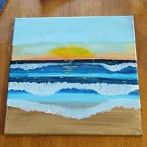 Vibrant Blue and Yellow Beach Scene Painting